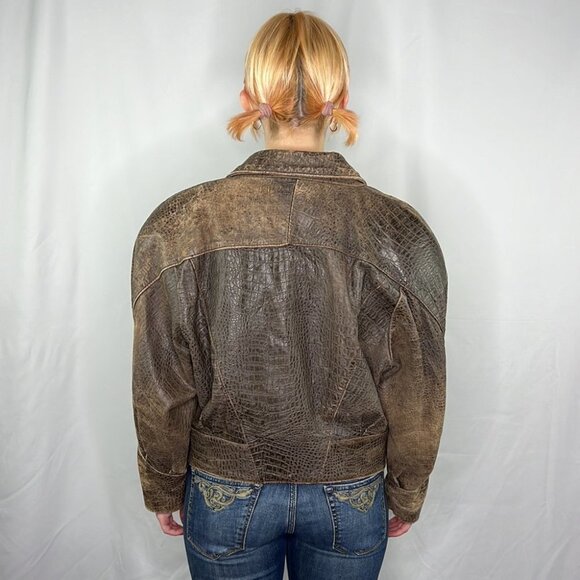 Vintage Exclusive "Baez" 80's Cropped Brown Leather Blazer Jacket - Picture 3 of 12